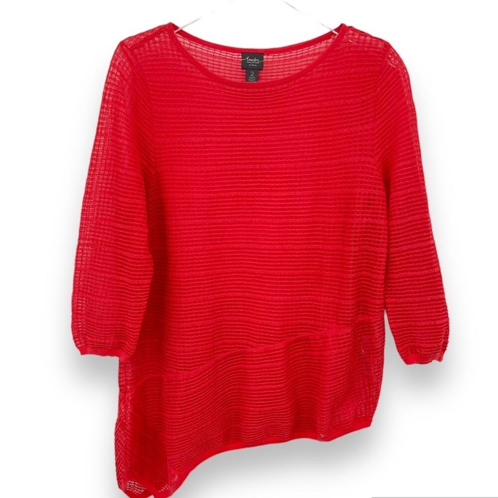 Chico’s Travelers blouse large asymmetric hem semi sheer 3/4 sleeve waffle weave